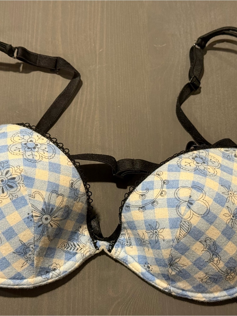 intimissimi Blue and Cream Gingham Floral Push-Up Bra